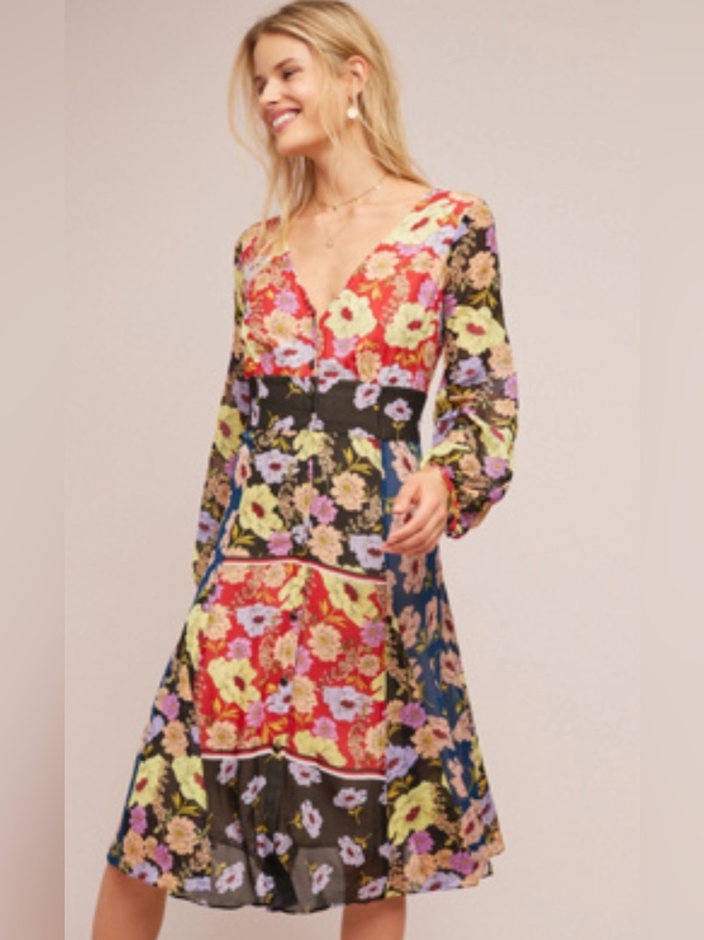 Maeve Gardenia Multicolor Floral Patchwork Long-Sleeve Dress size 8 boho hippie